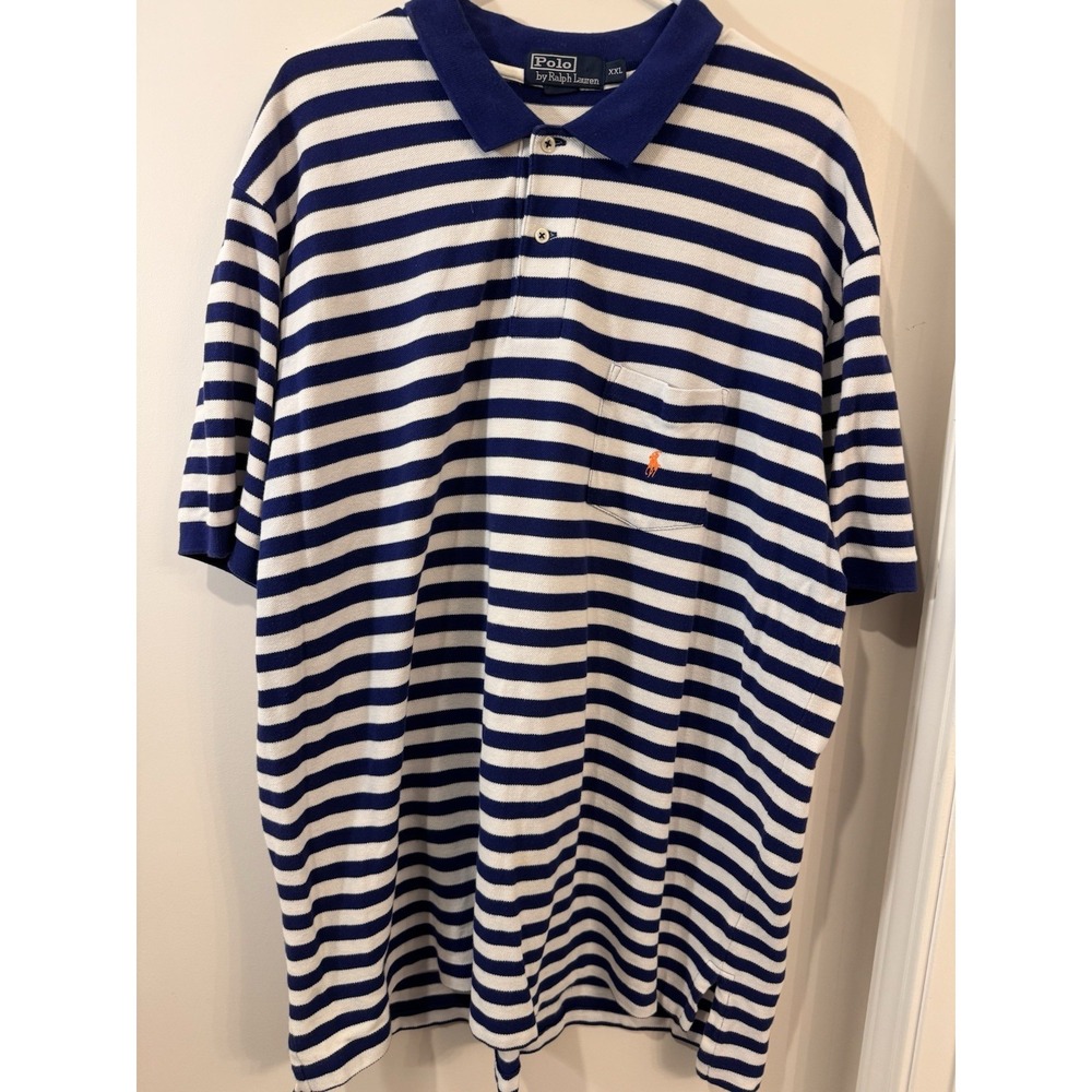 VTG Polo Ralph Lauren Mens Blue White Stripe 2XL Pony Pocket Preppy Casual